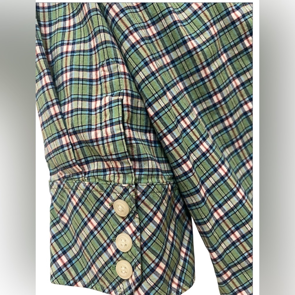 Talbots ladies 2X button up 3/4 sleeve checked green stretchy blouse - Picture 3 of 5